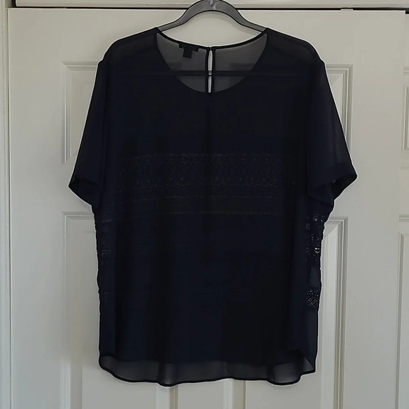 Ann Taylor Navy Sheer Short Sleeve Blouse with Crochet Details - Size XXL - Picture 3 of 7